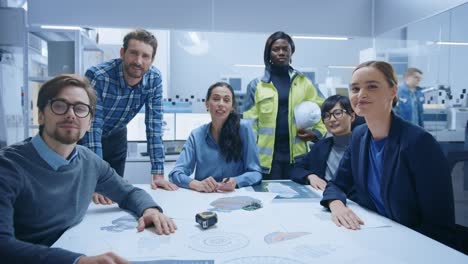 factory meeting video conference pov: diverse and multi-ethnic team of engineers, managers, specialists talk while looking at camera. background high-tech modern electronics industrial factory