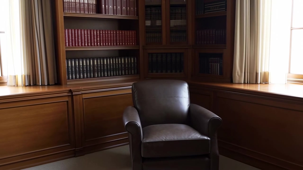 Poltrona in pelle vuota vicino alla finestra in una biblioteca con pannelli in legno illuminata dal sole, alta libreria rivestita di libri rilegati in pelle.
