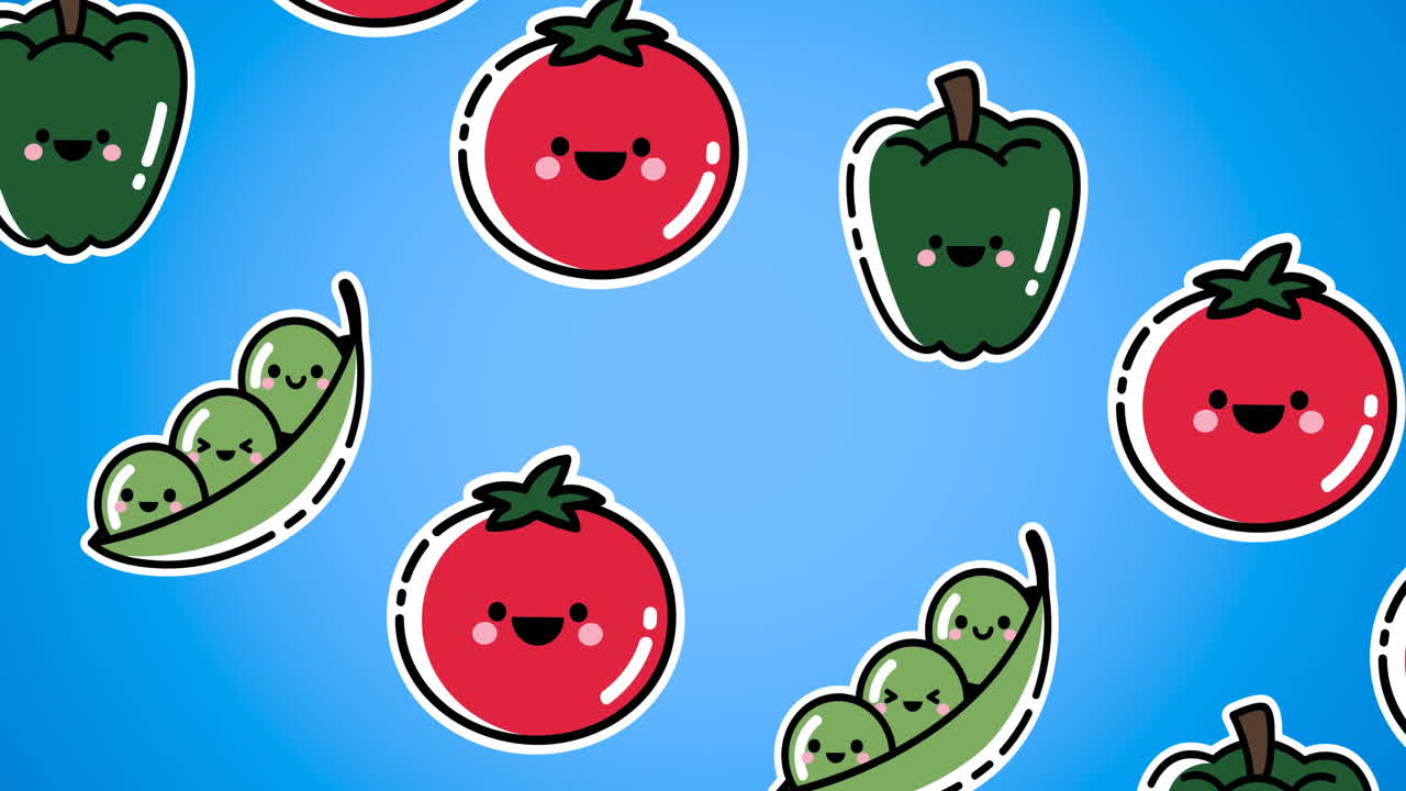 animación de verduras que caen sobre un fondo azul