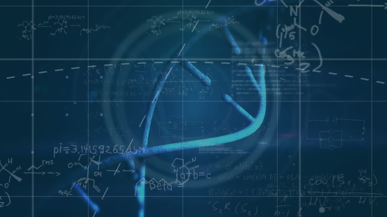 dna 가닥의 애니메이션, 수학적 방정식 및 데이터 처리 검은색 배경