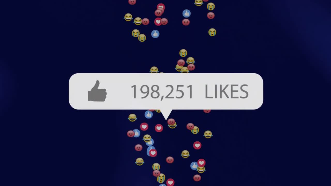 Animation of likes growing number with emoji icons on black background