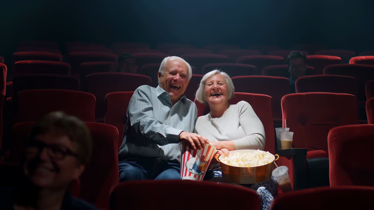 Coppia anziana che ride e condivide popcorn in un cinema