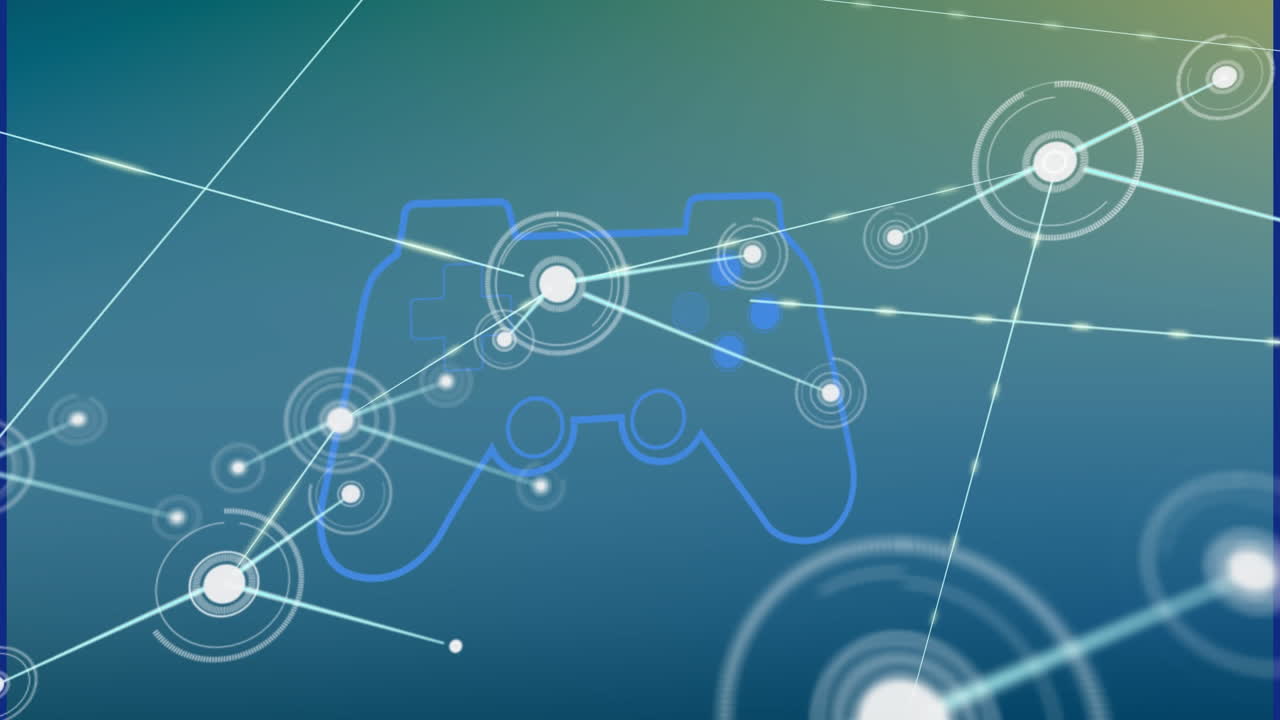 Animation of network of connections over video game controller icons against gradient background
