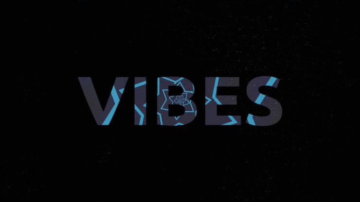 Animazione di 'vibes' in testo bianco con croci rosa e stelle blu su sfondo nero.