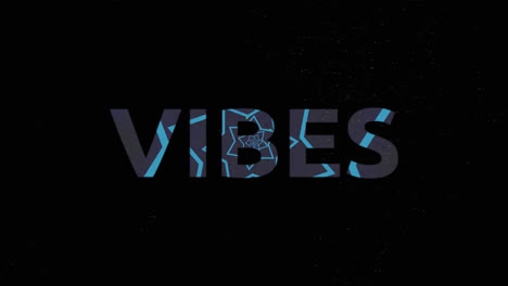 animation of vibes in white text pink crosses and blue stars on black background