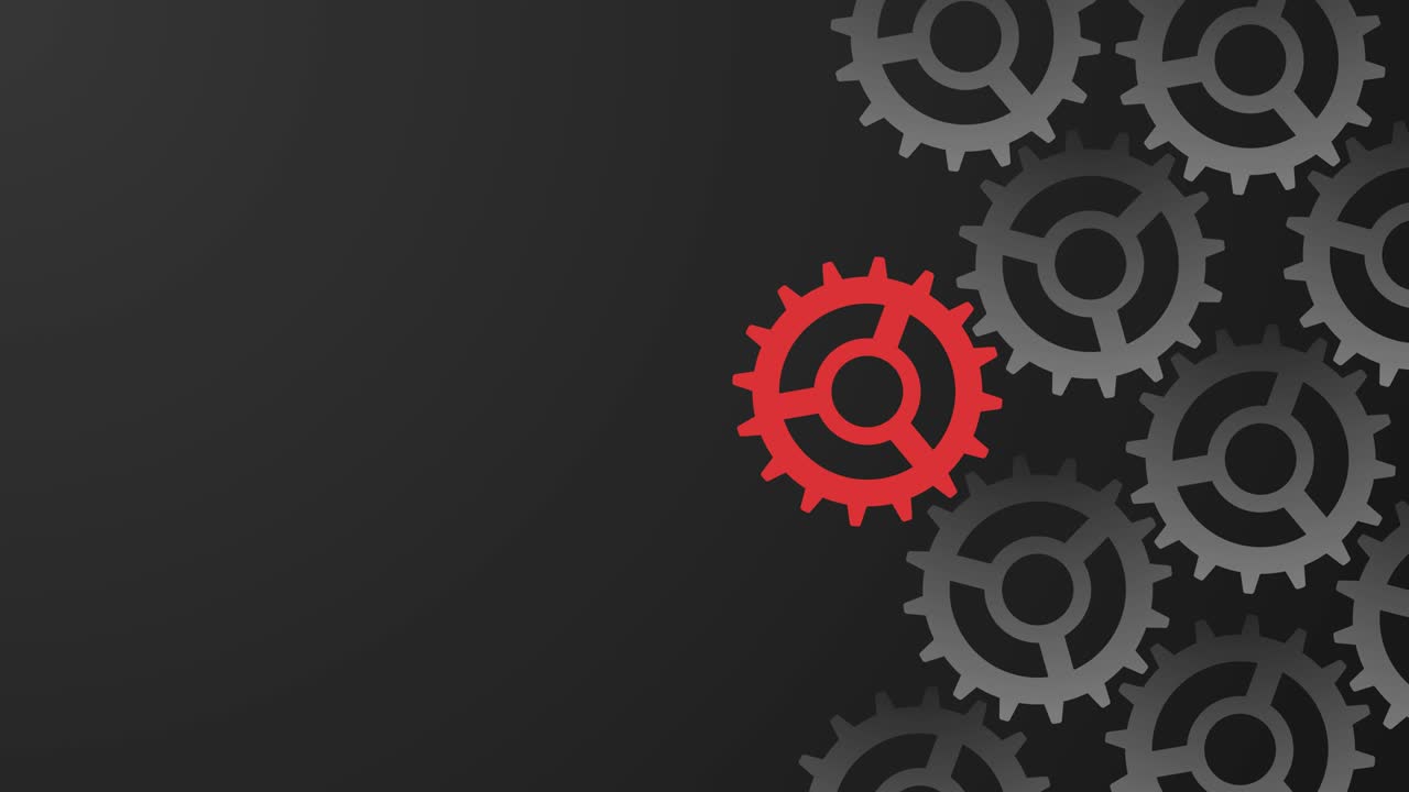 una rueda dentada roja gira un sistema de engranajes. concepto abstracto de inteligencia computacional, trabajo en equipo, colaboración. fondo de movimiento industrial, científico y empresarial.