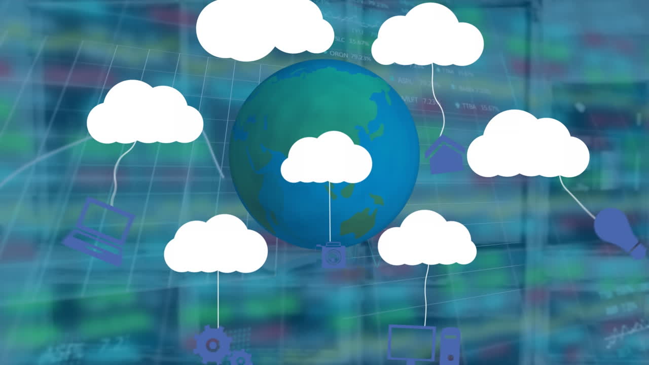 animación de nubes con iconos, globo y procesamiento de datos financieros sobre una oficina vacía