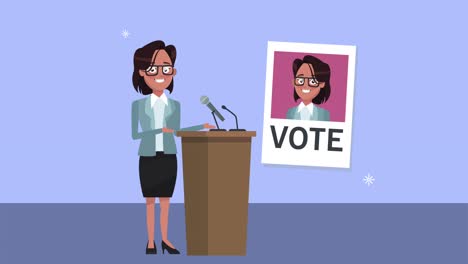 female candidate speaking in podium with poster