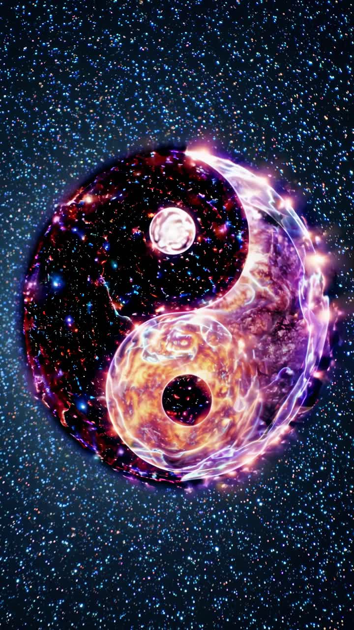 Un simbolo cosmico yin-yang con una galassia e una texture infuocata, visto da un angolo dall'alto