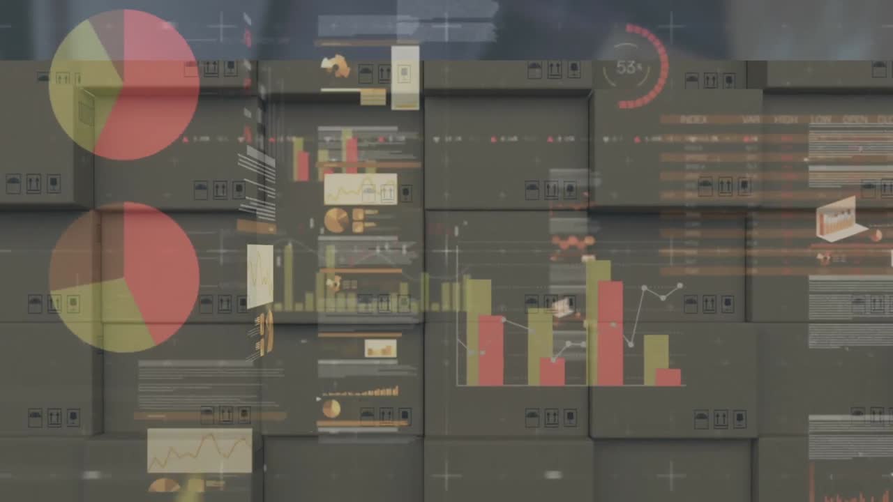 animación del procesamiento de estadísticas sobre una pila de cajas de cartón en el fondo