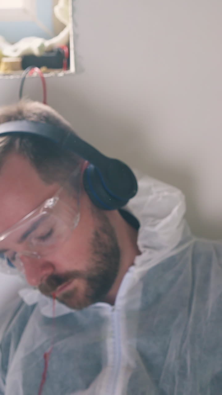 CU, Dolly cam: concentrated builder in protective glasses repairs plug and passes out getting electric shock in renewing room