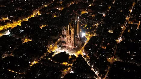 aerial view of barcelona eixample residential district and famous basilica sagrada familia at night. catalonia, spain