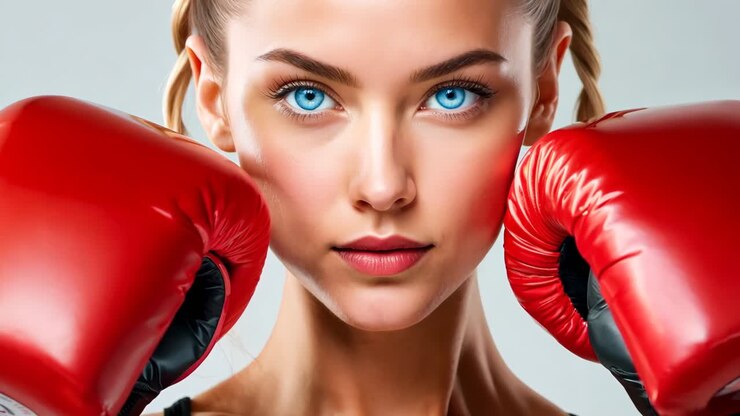 Una donna con i guanti rossi da boxe che posa per una foto