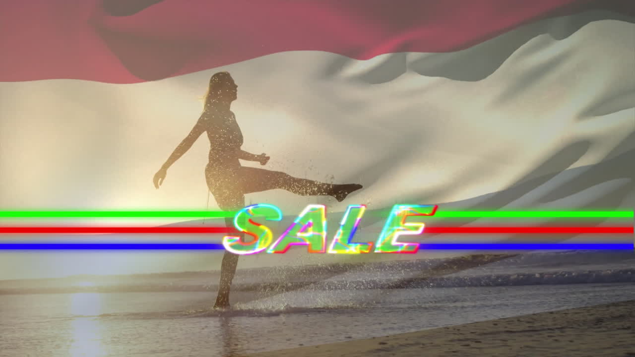 Colorful SALE animation waving on flag with silhouette of person on beach