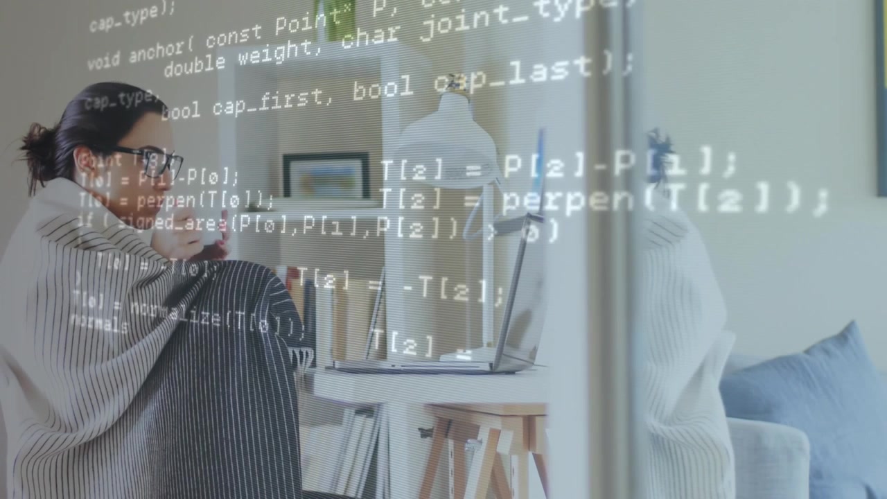 Animation of data processing over woman with tablet