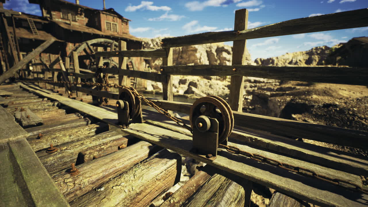 Old mining equipment rests on wooden tracks in a deserted area under a blue sky