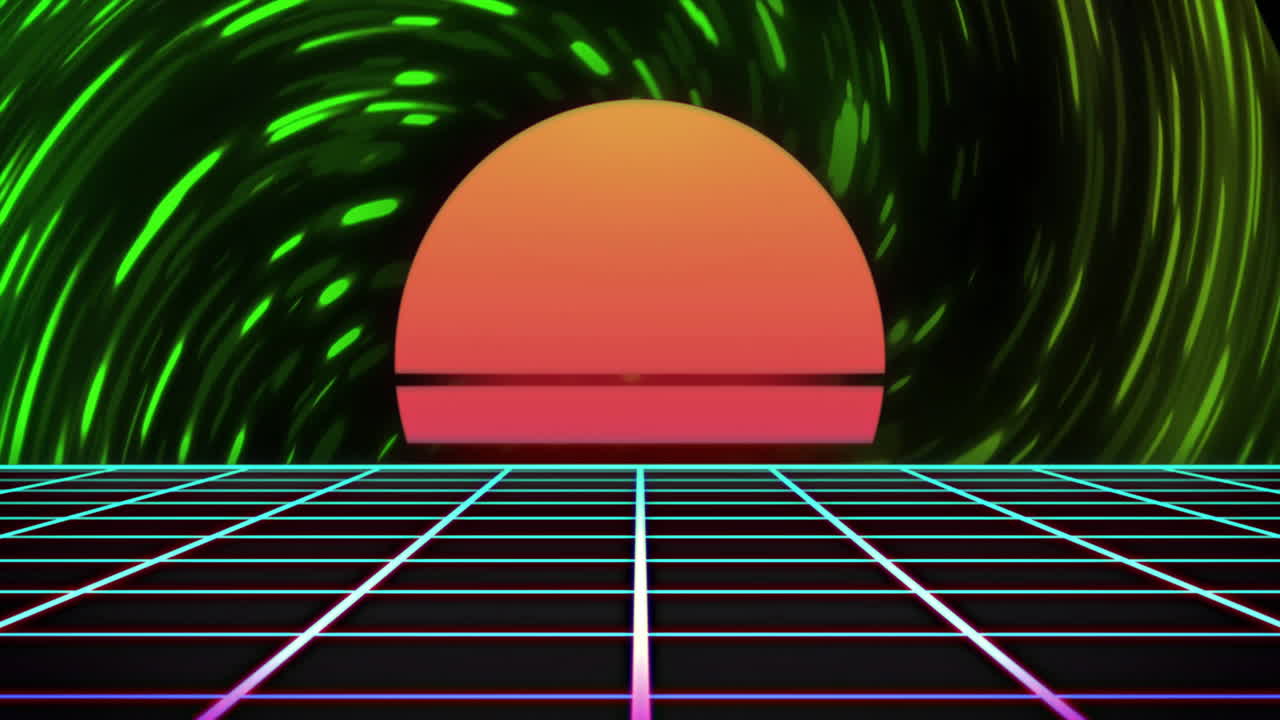 Animation of neon pattern over light trails and sunset background