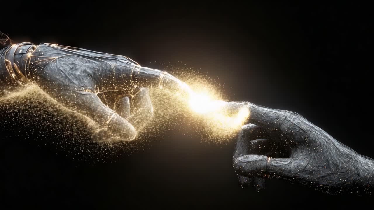 Un accattivante momento di connessione: la splendida fusione di due mani che simboleggia unità, creazione e l'interazione cosmica tra umanità e tecnologia