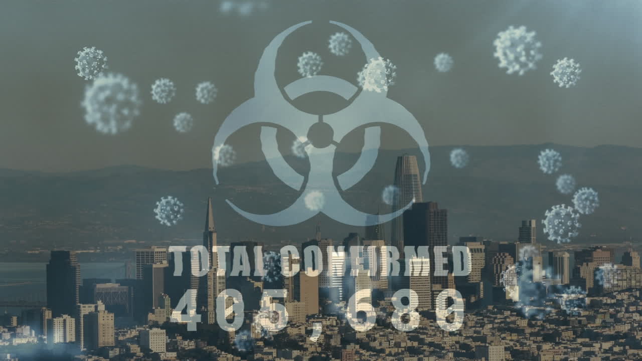 전체 확인된 증가하는 수와 매크로 코로나19 세포가 떠다니는 위험 신호의 애니메이션