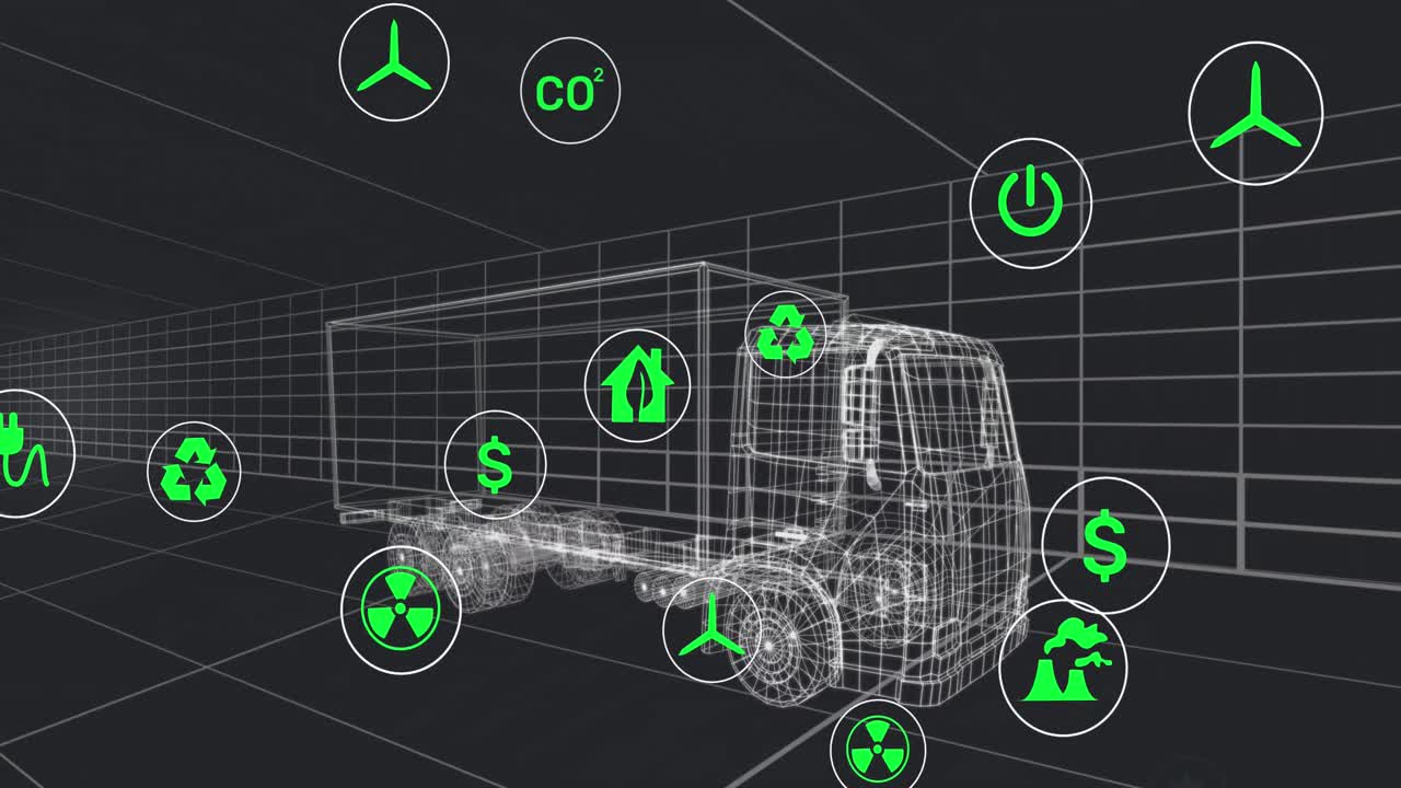 3d 트럭의 애니메이션과 검은색 배경에 움직이는 그리드 위의 원에 있는 여러 아이콘