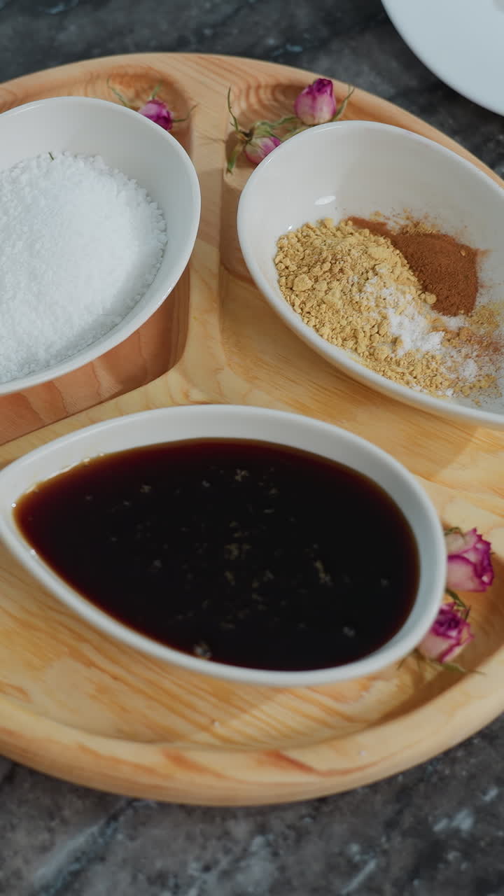 vista aérea da configuração do pequeno-almoço em telhas elegantes pretas com bandeja de madeira com mel, especiarias, açúcar e rolo, composição elegante com um livro parcialmente visível no fundo