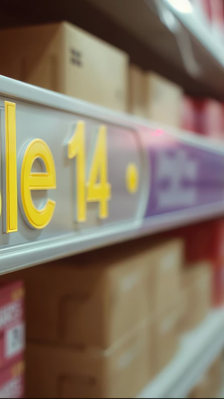 Vertical video: Pulling camera, yellow shelf label 14 growing larger on metal shelf, purple strip