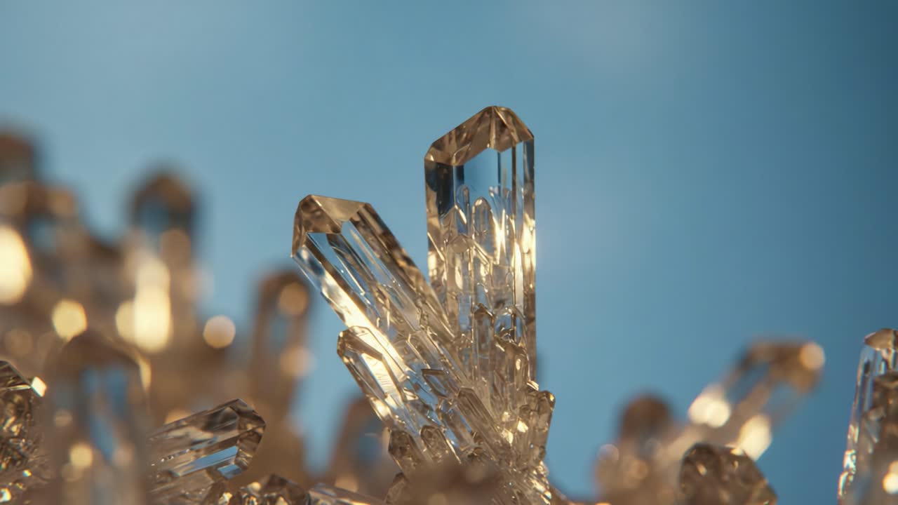 Intricate Close-Up Images of Shimmering Crystals with a Bright Blue Background, Showcasing Their Stunning Clarity and Unique Formations in a Captivating Display of Natural Beauty