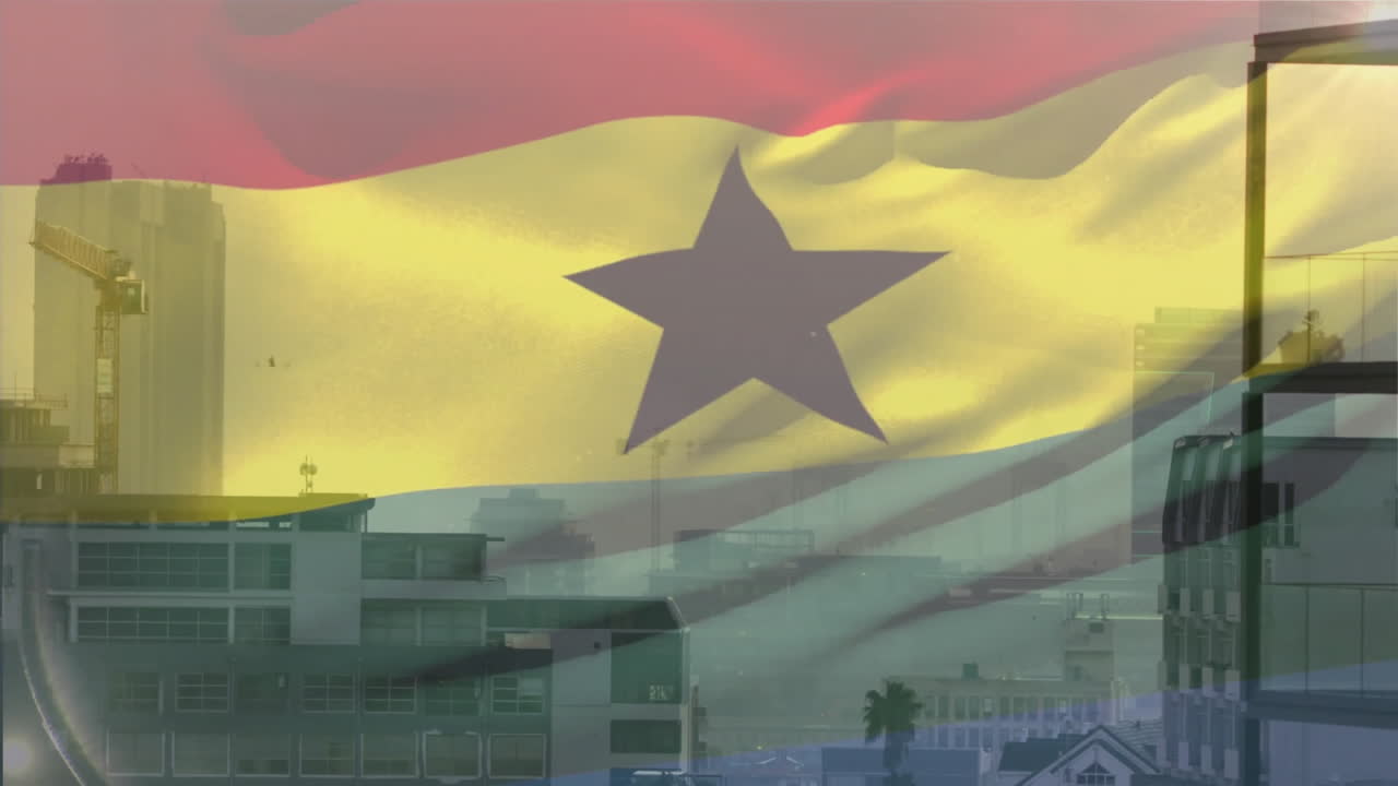 Tricolor flag overlay waving over skyline, centering black star above crane, buildings in 3D render