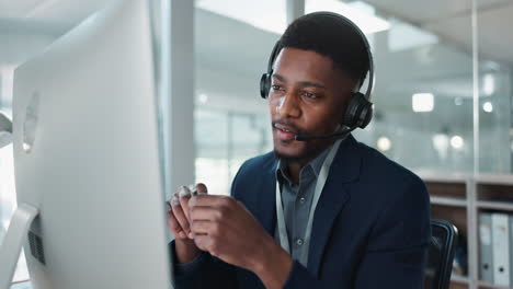 computer, call center and happy black man talking