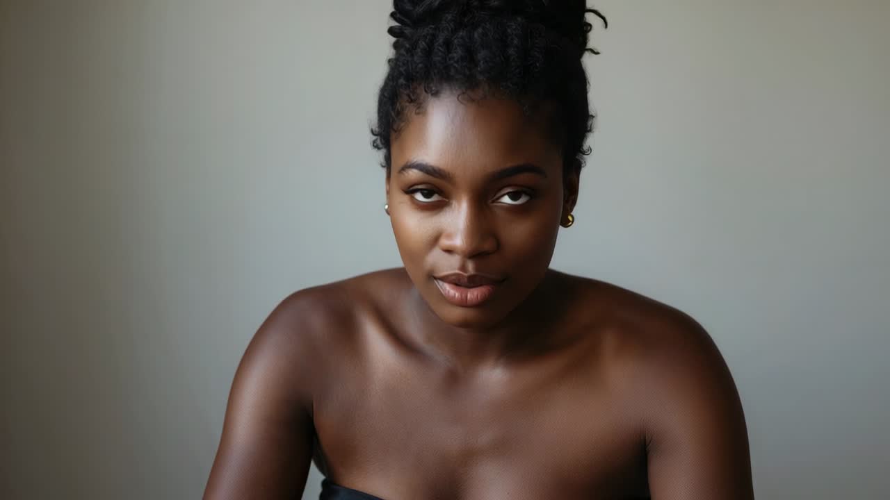 Looking down, raising head, woman meeting camera gaze by gray wall, wearing strapless top and studs