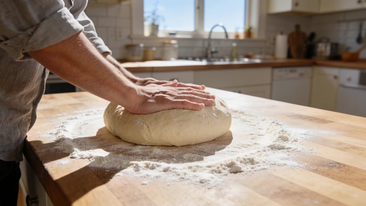 Placing hands, man with rolled sleeves pressing dough on floured counter in home kitchen proofing