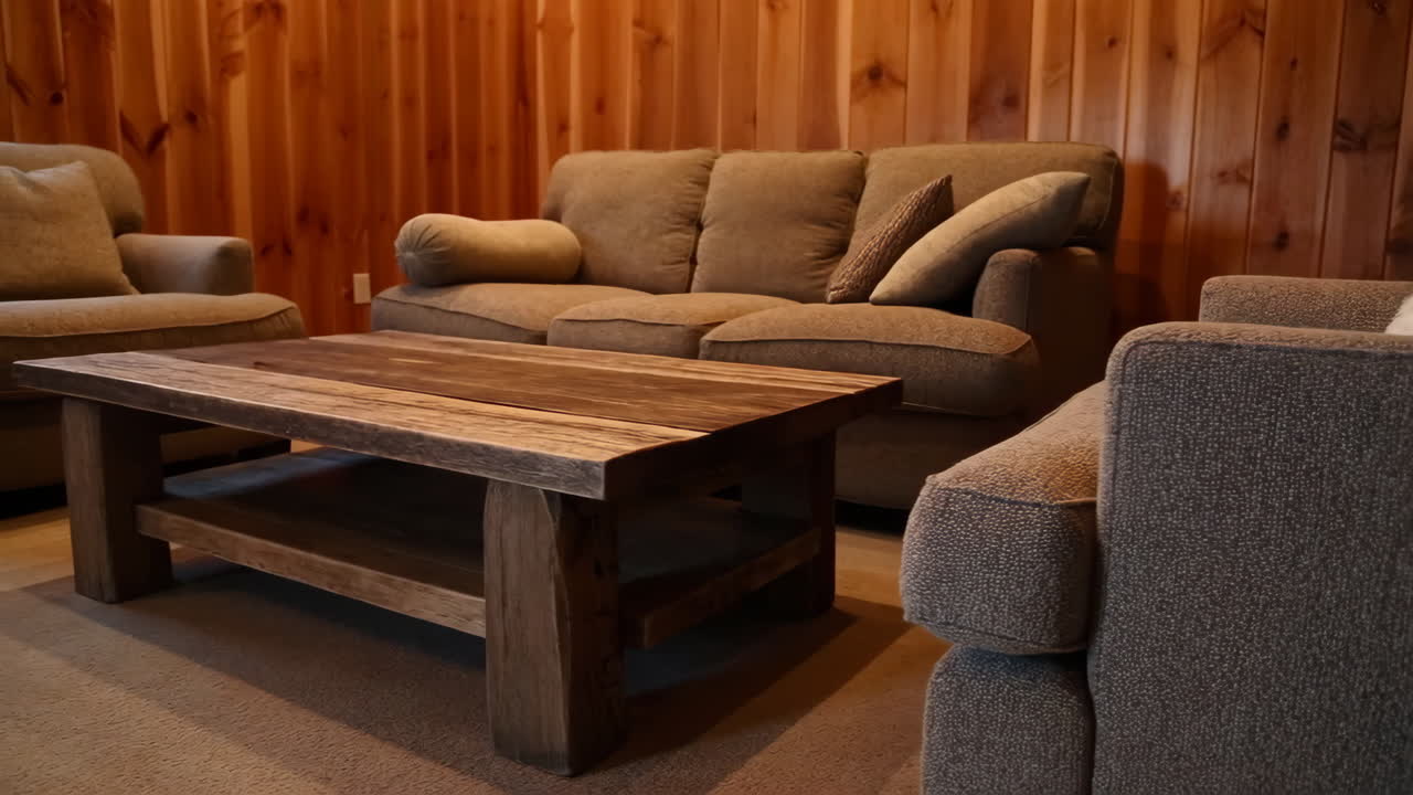 Cozy living room with rustic wood paneling and comfortable furniture