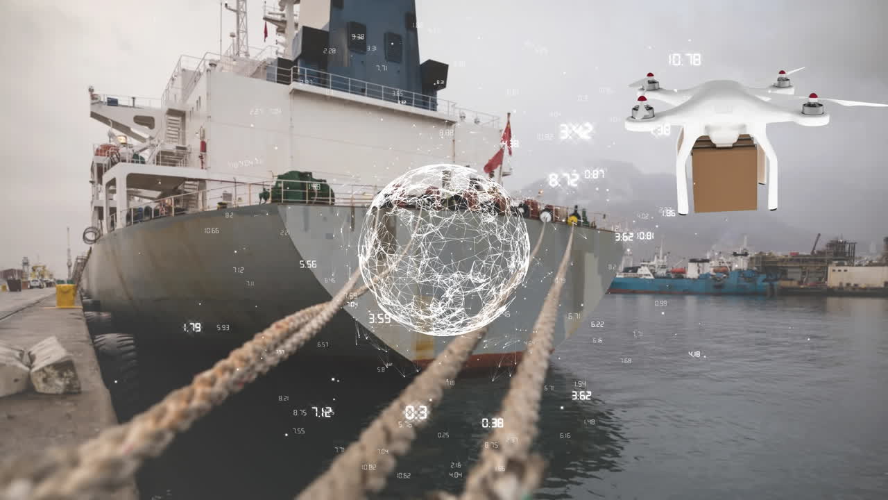 드론을 통한 연결 네트워크의 애니메이션과 항구를 통한 패 ⁇