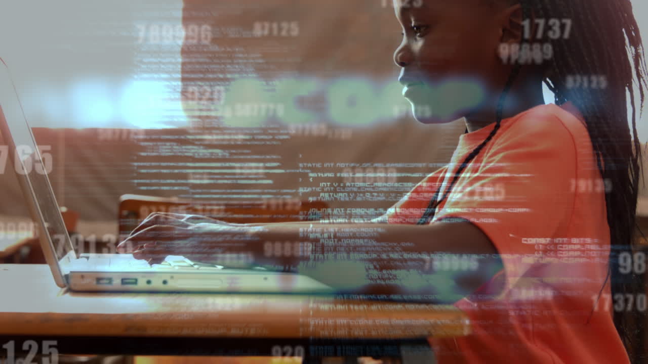 Animation of data processing over african american girl using laptop at school