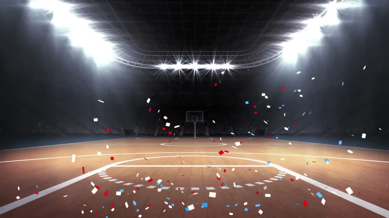 animation of blue and red confetti falling over sports stadium | freepik