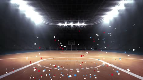 Animation-of-blue-and-red-confetti-falling-over-sports-stadium