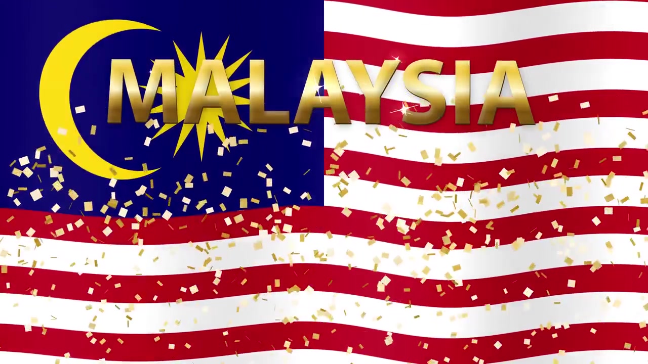 A realistic waving Malaysia flag background with golden 3D text and shimmering falling confetti.