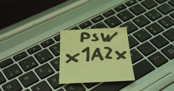 Close-up of a sticky note with a password placed on a laptop keyboard, illustrating insecure handling of login credentials.