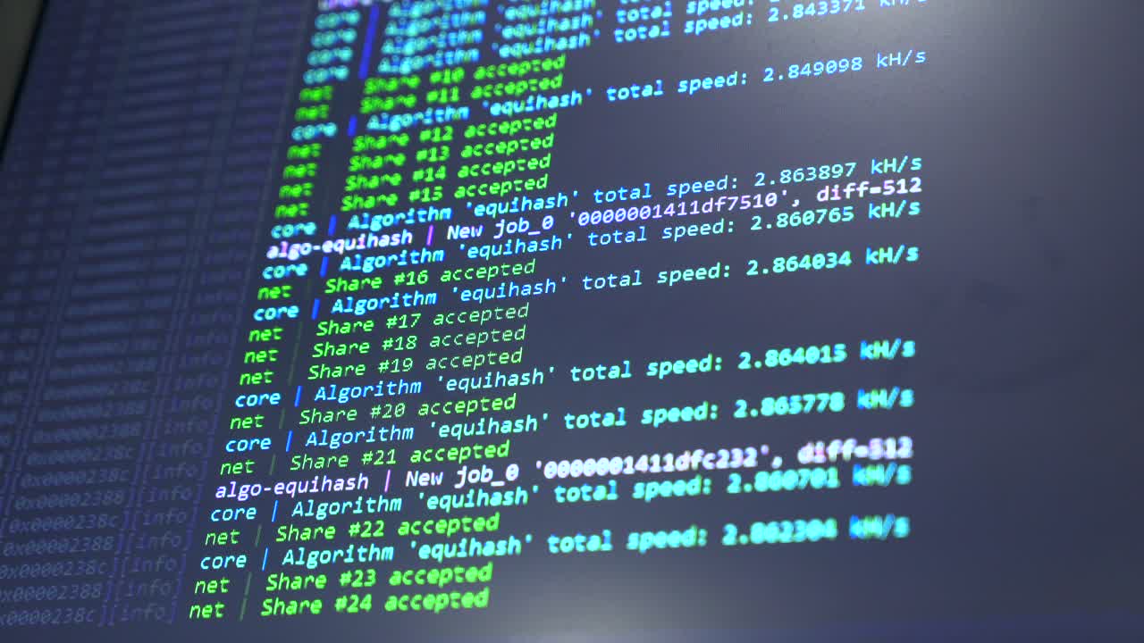 Screen with crypto code. Program code for mining cryptocurrency, mining work. Screen with software developer code. Crypto-currency