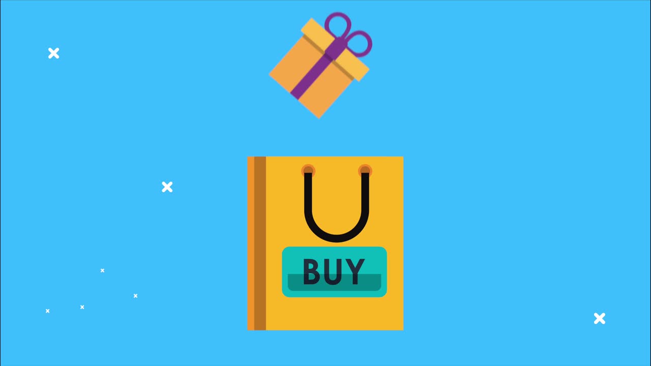 market shopping animation with bag and gift