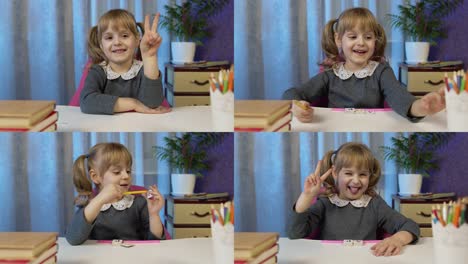 Captura-De-Pantalla-Múltiple-De-Una-Niña-Mirando-La-Cámara,-Estudiando-La-Tarea,-Agitando-La-Mano-Y-Mostrando-El-Pulgar-Hacia-Arriba