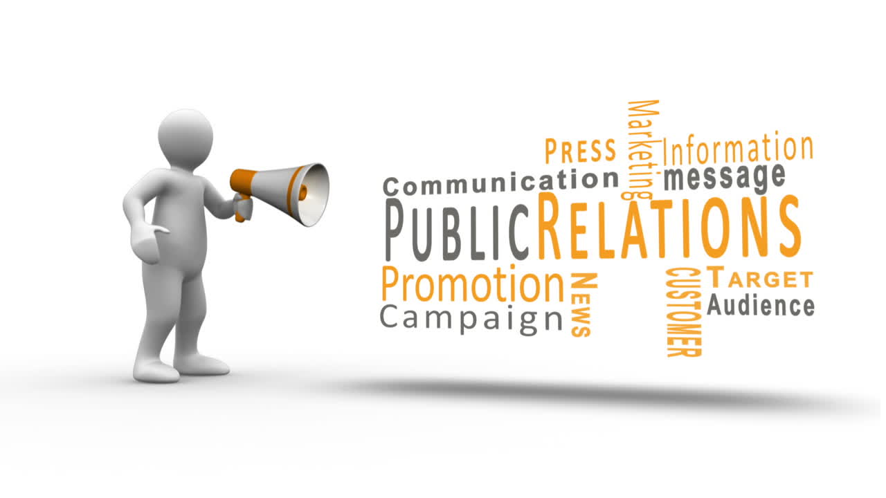 White figure yelling into a megaphone to reveal public relation terms