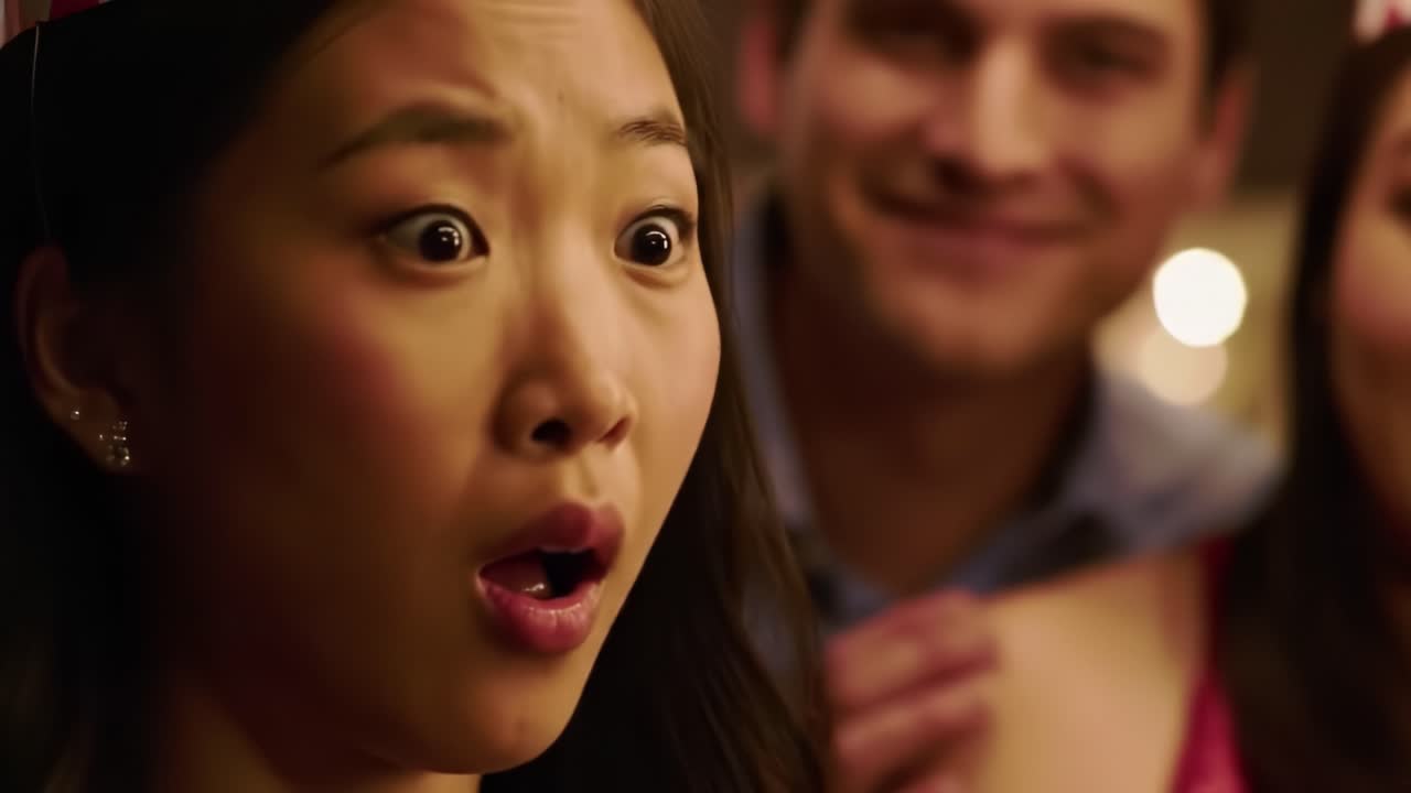 Astonished Reaction of a Young Woman Captured During a Festive Gathering, Highlighting Surprise and Joy in a Vibrant Social Setting