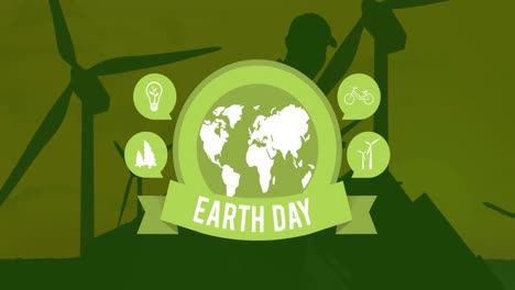 animation of earth day and globe on green background with wind turbines
