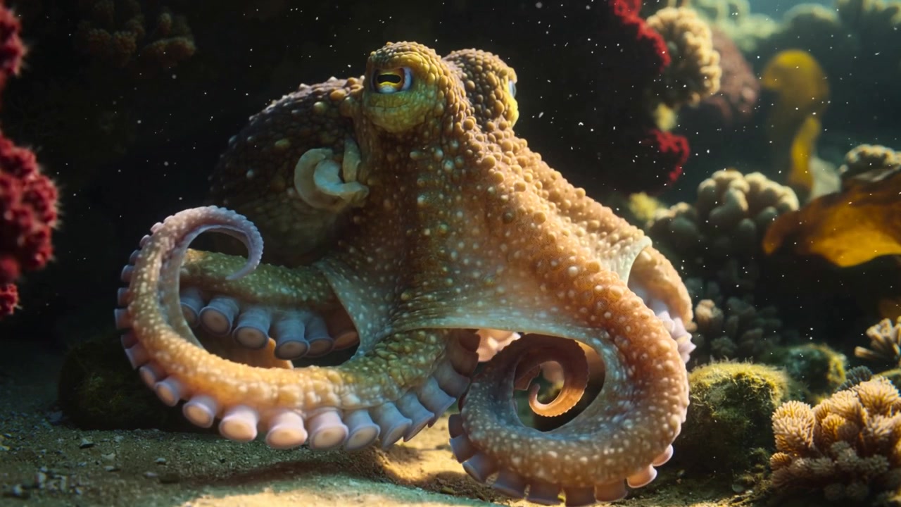 Polpo marrone-arancione che sposta il peso e solleva i tentacoli su una barriera corallina sabbiosa, rivelando le ventose per appoggiarsi.