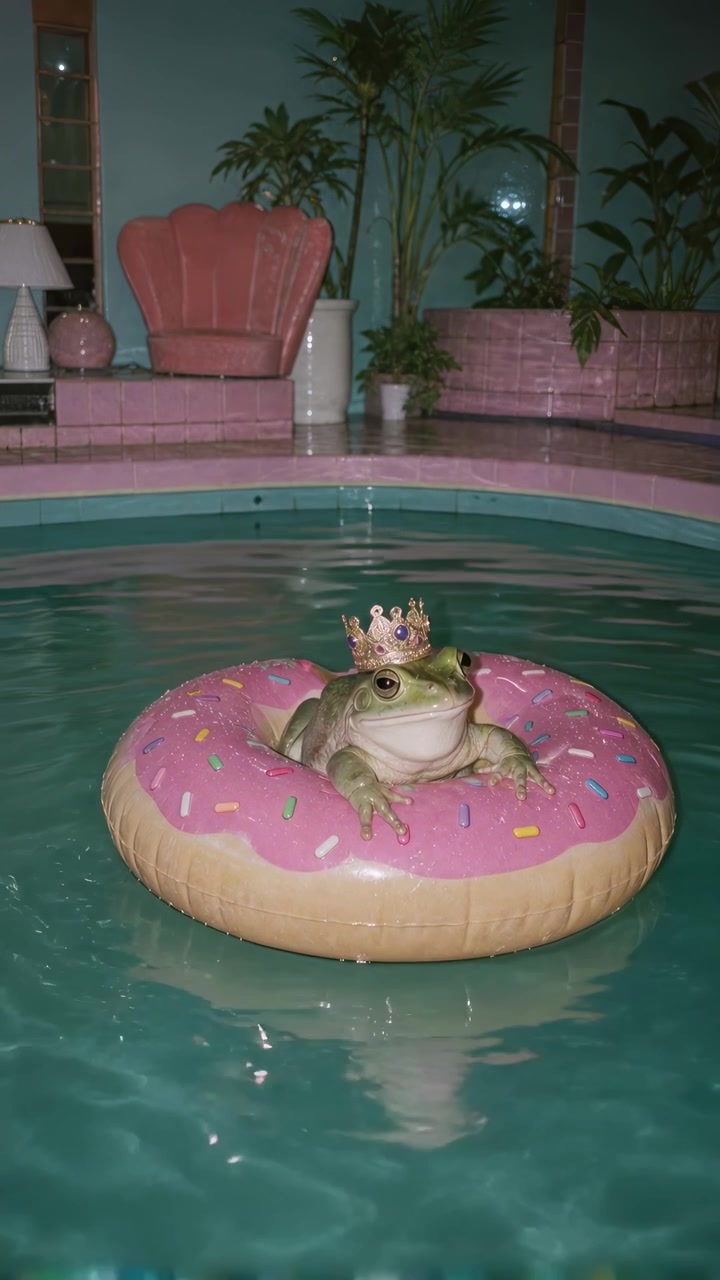 Frog Wearing a Crown Floating on a Donut Pool Float