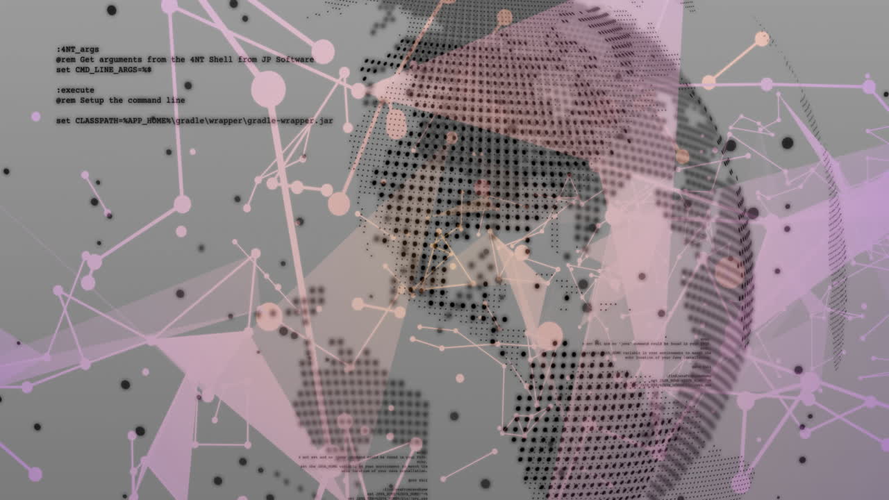 Animazione di un globo digitale con connessioni di rete e testo di codifica sullo sfondo.