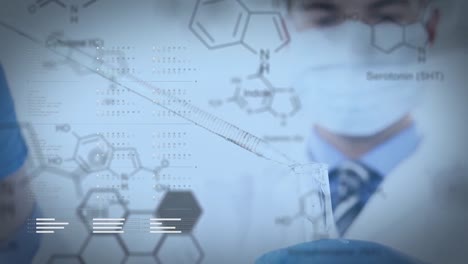 científico en un laboratorio y estructuras químicas