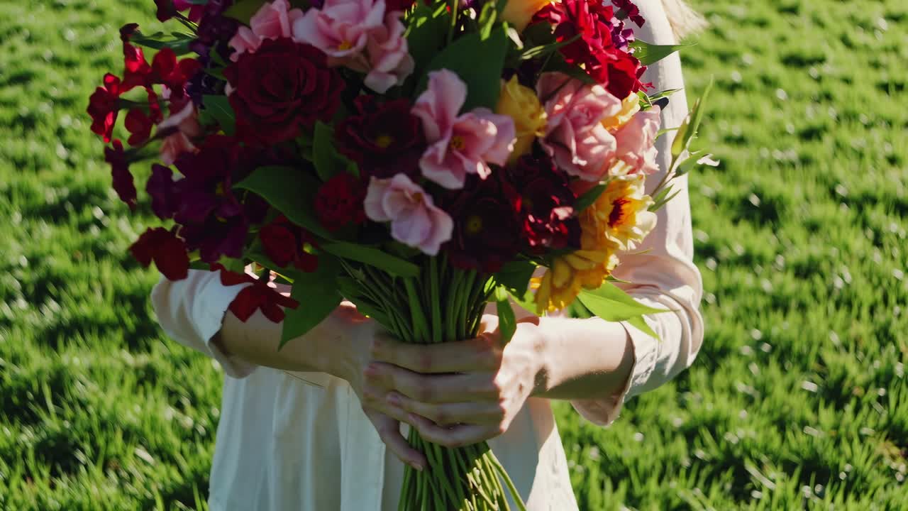 Un vibrante bouquet di fiori tenuto da una persona, ripreso da un'angolazione bassa in un rigoglioso campo verde