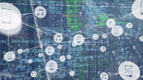 animazione della rete di connessioni con icone sull'elaborazione dei dati